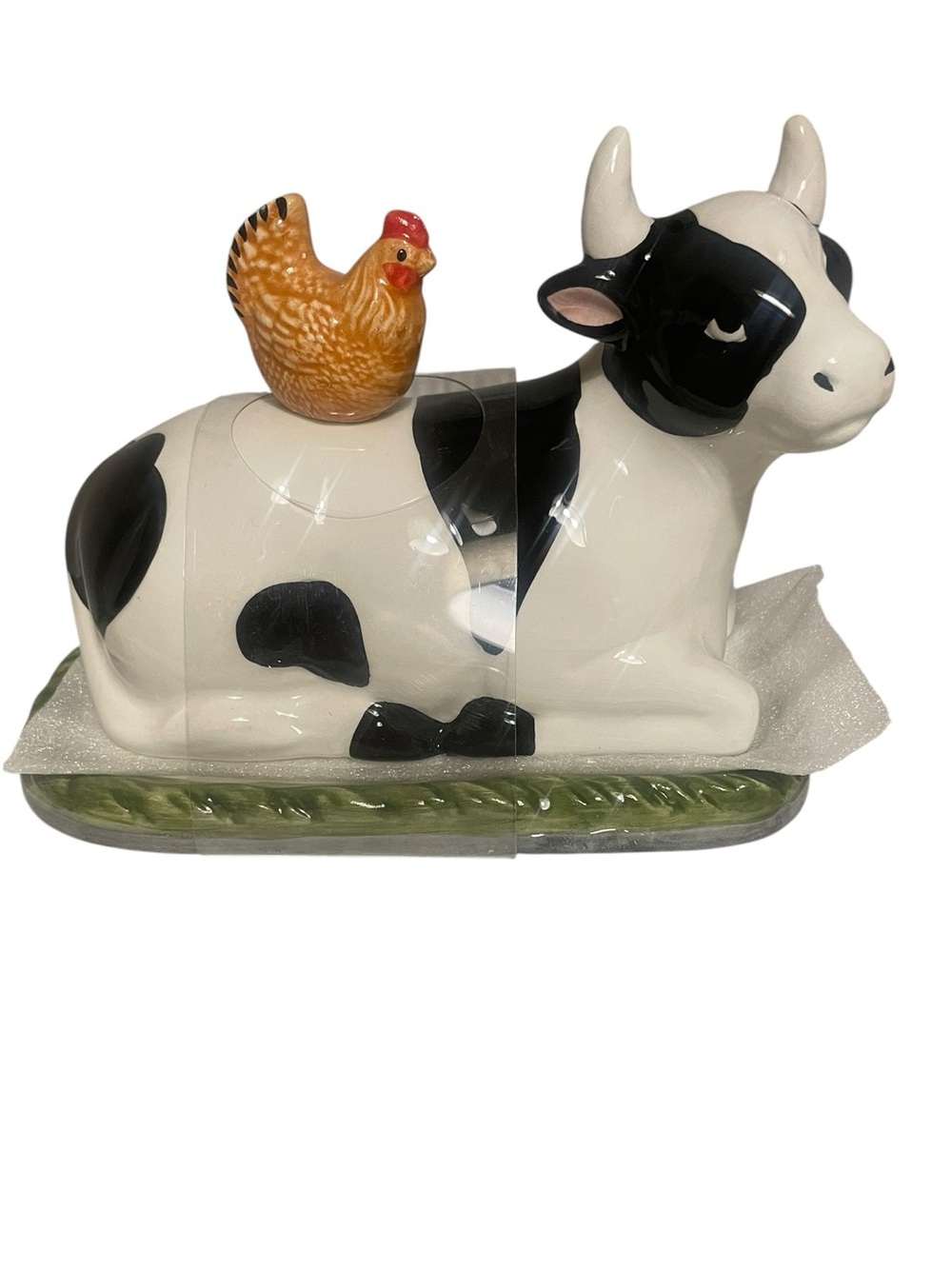 Cow & Chicken Ceramic Butter Dish - Black and White